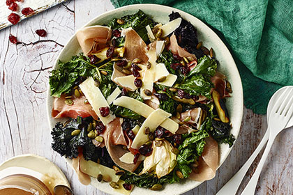 Kale Salad with Prosciutto Pumpkin Seeds and Cranberry Balsamic Vinaigrette