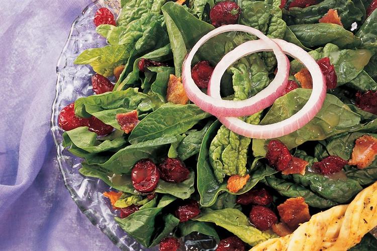 Cranberry Spinach Salad with Warm Honey Dijon Bacon Dressing