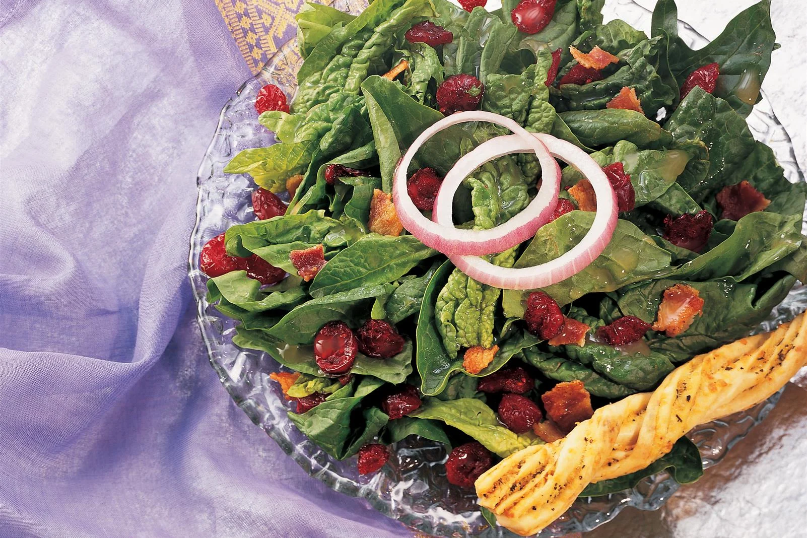 Cranberry Spinach Salad with Warm Honey Dijon Bacon Dressing